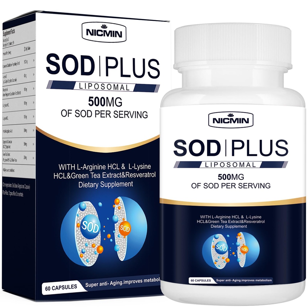 Superossido dismutasi Supplemento 500mg - SOD Inoltre con glutathione liposomiale, AKG, Estratto di tè verde, L-Arginina, Lisina, Resveratrolo e Vitamina E per il supporto immunitario, Antiossidante 60 capsule