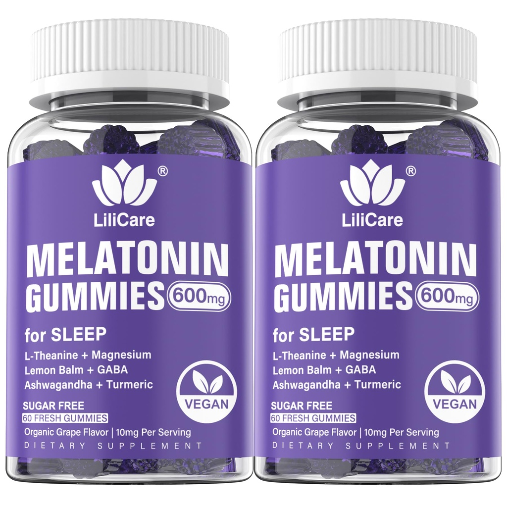 Melatonina 20mg Gummies for Adults (2 Pacchetti) Extra Forza con L-teanina, Ashwagandha, Magnesio, Turmerico, GABA, Balm di limone e camomilla per supporti sani Circadian Rhythm, Aroma di Uva