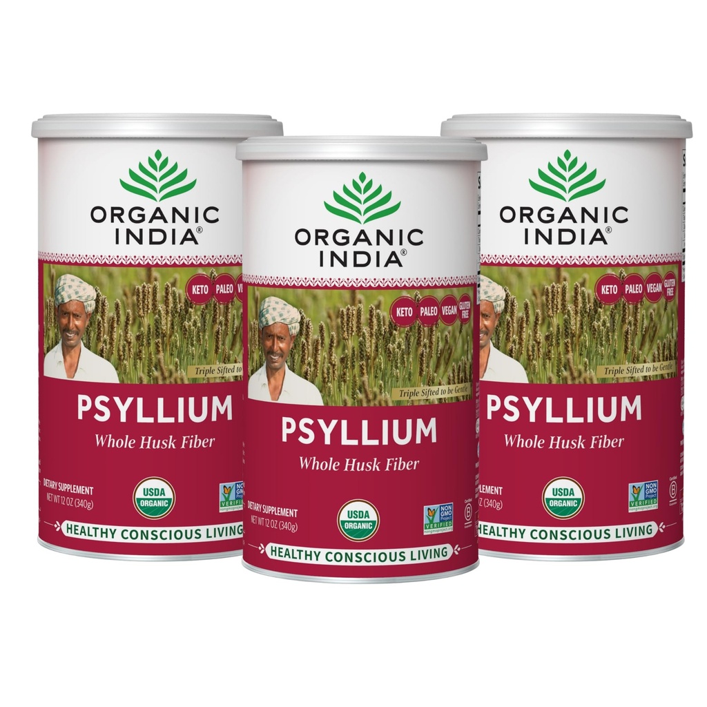ORGANIC INDIA Psyllium Herbal Powder - Intero Husk Fiber Supplement, Digestion Support, Vegan, Gluten-Free, USDA Certificato Organico, Non OGM, Soluble & Insoluble Fiber Source - 12 oz (Pack of 3)