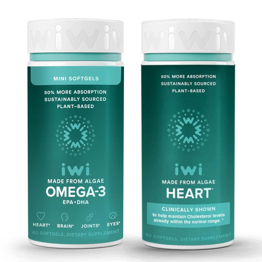 Iwi Omega-3 Minis & Heart Omega-3 Bundle, 30 Serve, Vegan pianta-based Algae Omega 3, Krill & Fish Oil Alternative, No Fishy Aftertaste