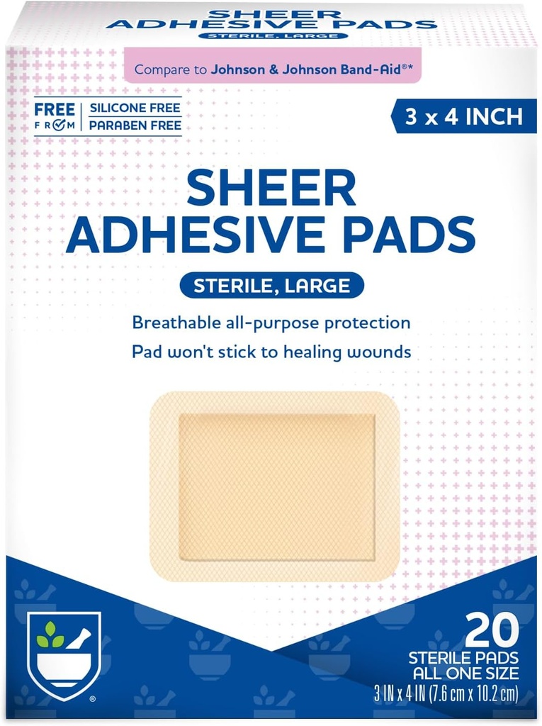 Rite Aid Sheer Adhesive Bandages con Sterile Non Stick Pad, 3" x 4" - 20 Conte | Guarnizioni per la cura/primo soccorso Forniture | Bandage Wrap | Nastro medico per la pelle Bandages