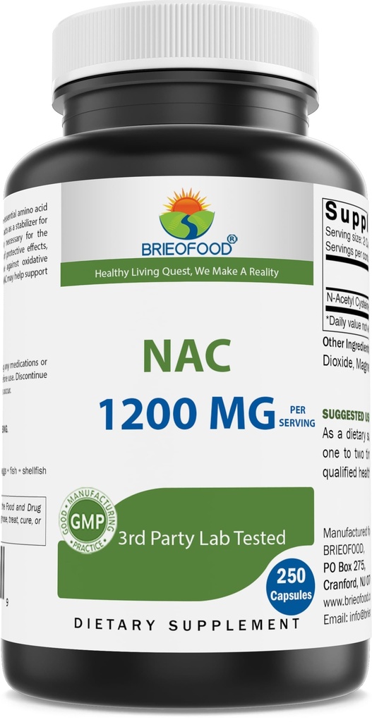 Brieofood NAC Supplemento N-Acetyl Cysteine 1200 mg per Serving 250 capsule - Integratore di supporto immunitario