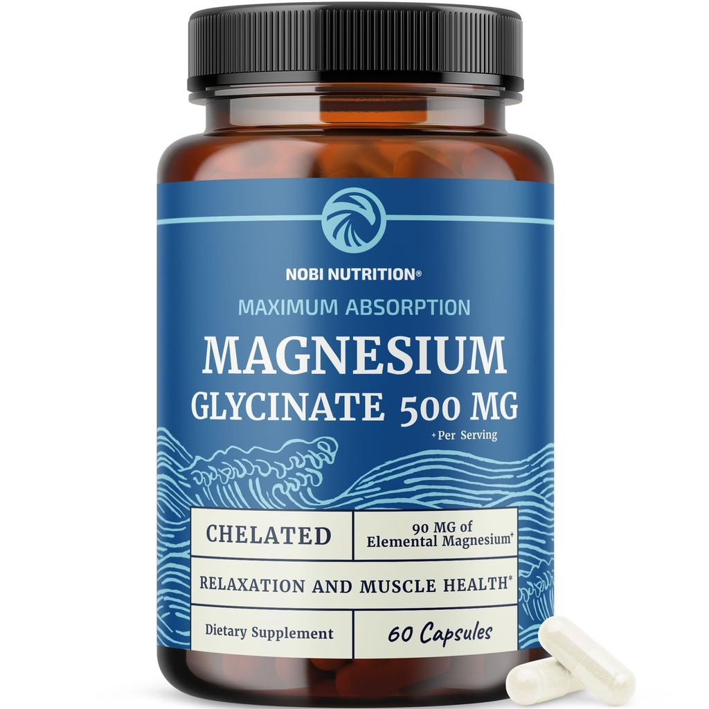Magnesio Glycinate 500mg | Chelated for High Absorption | Rilassamento muscolare, Bones, Cuore, Nerve, Sleep & Calm Support for Women & Men | Magnesium Chelate Supplement & Bisglycinate Complex | 60ct