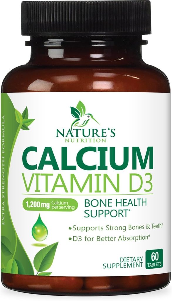 Supplemento di calcio 1200 mg - con vitamina D3 per il miglior assorbimento - Supporta la salute immunitaria, le ossa e i denti - Carbonato di calcio della natura + 1600 IU di D3 - Bottigliato negli Stati Uniti per le donne e gli uomini - 60 compresse