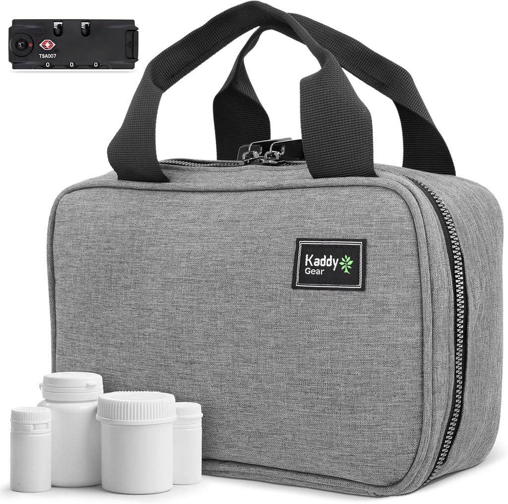 Kaddy Secure Pill Organizer Box, Stoccaggio per Bottiglie di Medicina o Supplementi; Toiletry; Viaggi o Casa, TSA Approved Lock(Grey)