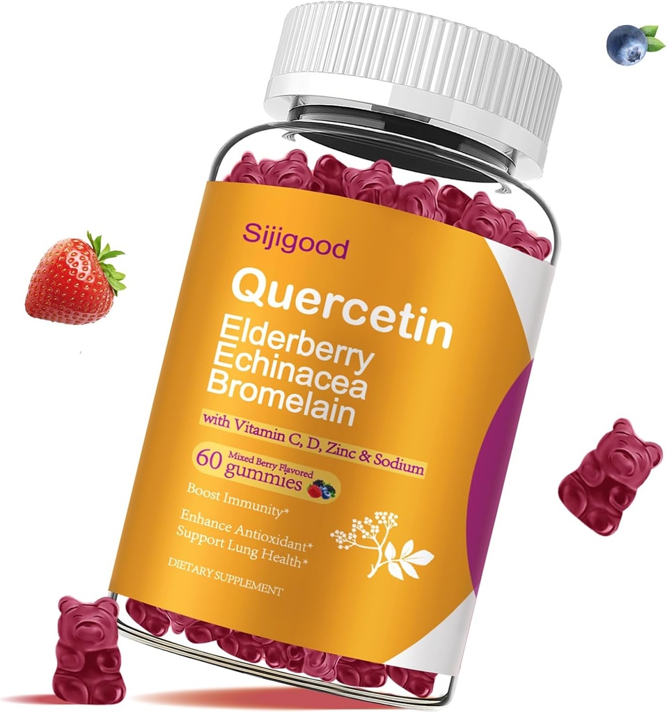 Gummie di Quercetina con Bromelain, Elderberry, Echinacea, Vitamina C D Zinco - Supporto di Sistema Immune 60 Contenitori Pure Quercetin Gummies per Bambini & Adulti
