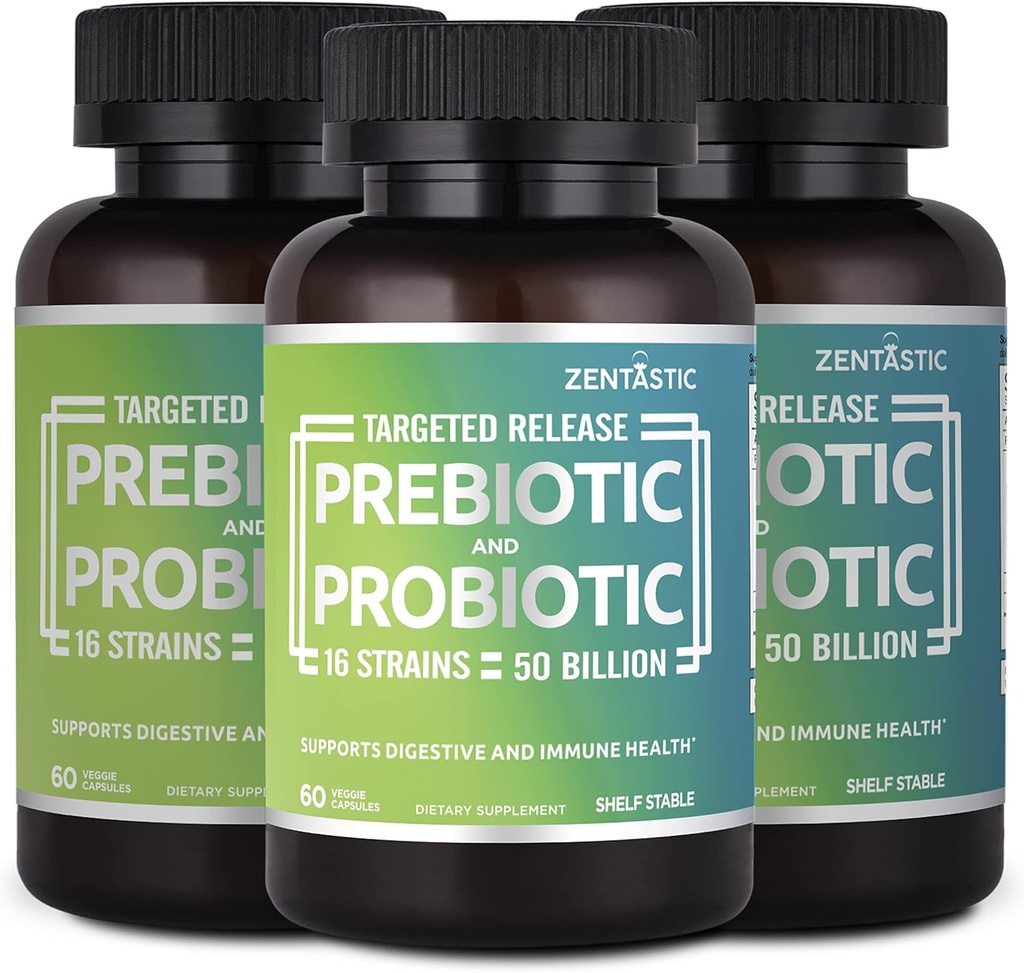 Zentastic Probiotics & Prebiotics Supplement - 50 miliardi di CFU - per la salute immunitaria e digestiva di uomini e donne - 16 Strains - Shelf Stable - 180 Delayed Release Veggie Capsule