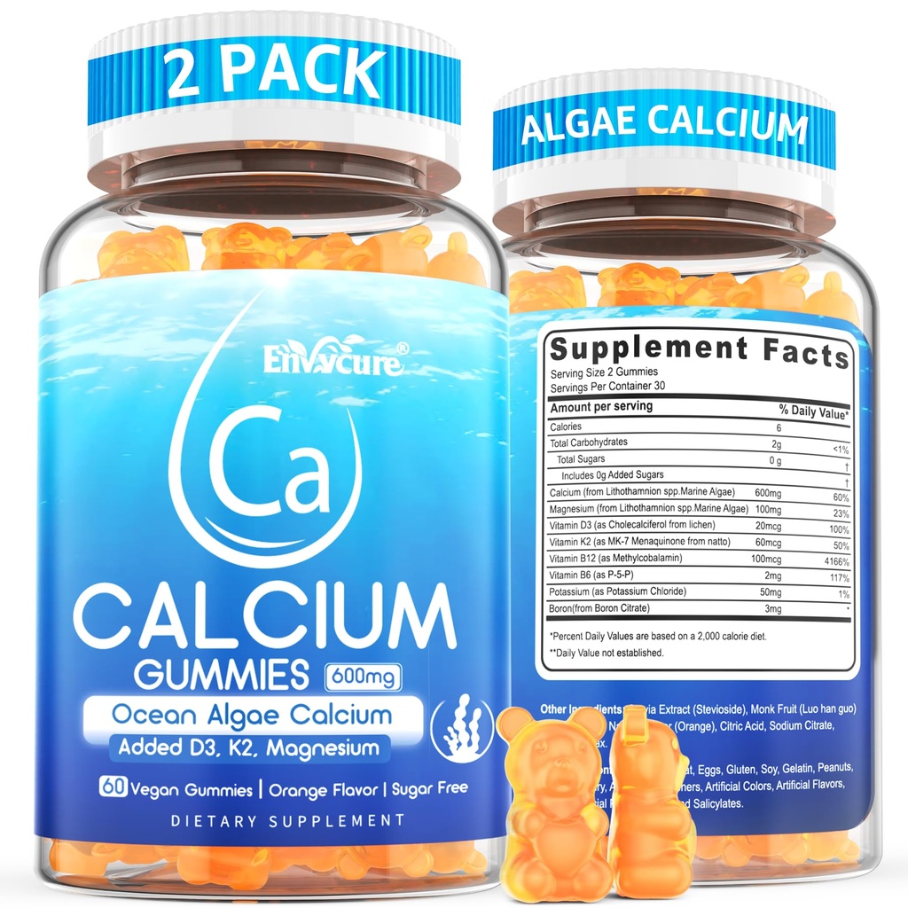 Calcium Gummies 600mg - Supplemento di calcio per le donne, alghe oceaniche Calcium | Vitamina D3, K2, Magnesio | per la forza di ossa, muscolo & Immnue | Calcium di algae, 70+ Minerali, Vegan,2PACK