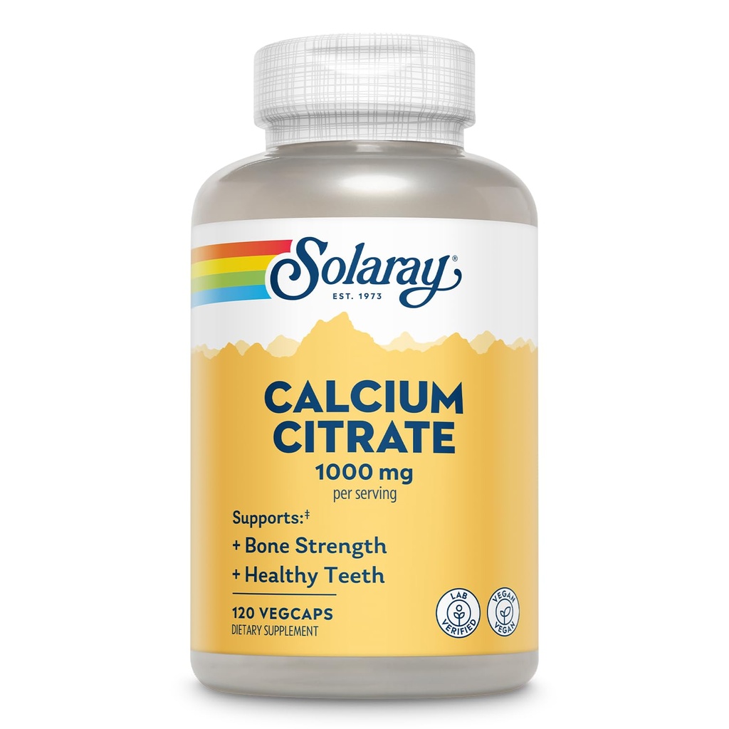 Solaray Calcium Citrate 1000mg - Chelated Calcium Supplement - Supporta la forza di ossa e i denti sani - Facile da digerire - Garanzia di 60 giorni, Vegan - 30 Serve, 120 VegCaps