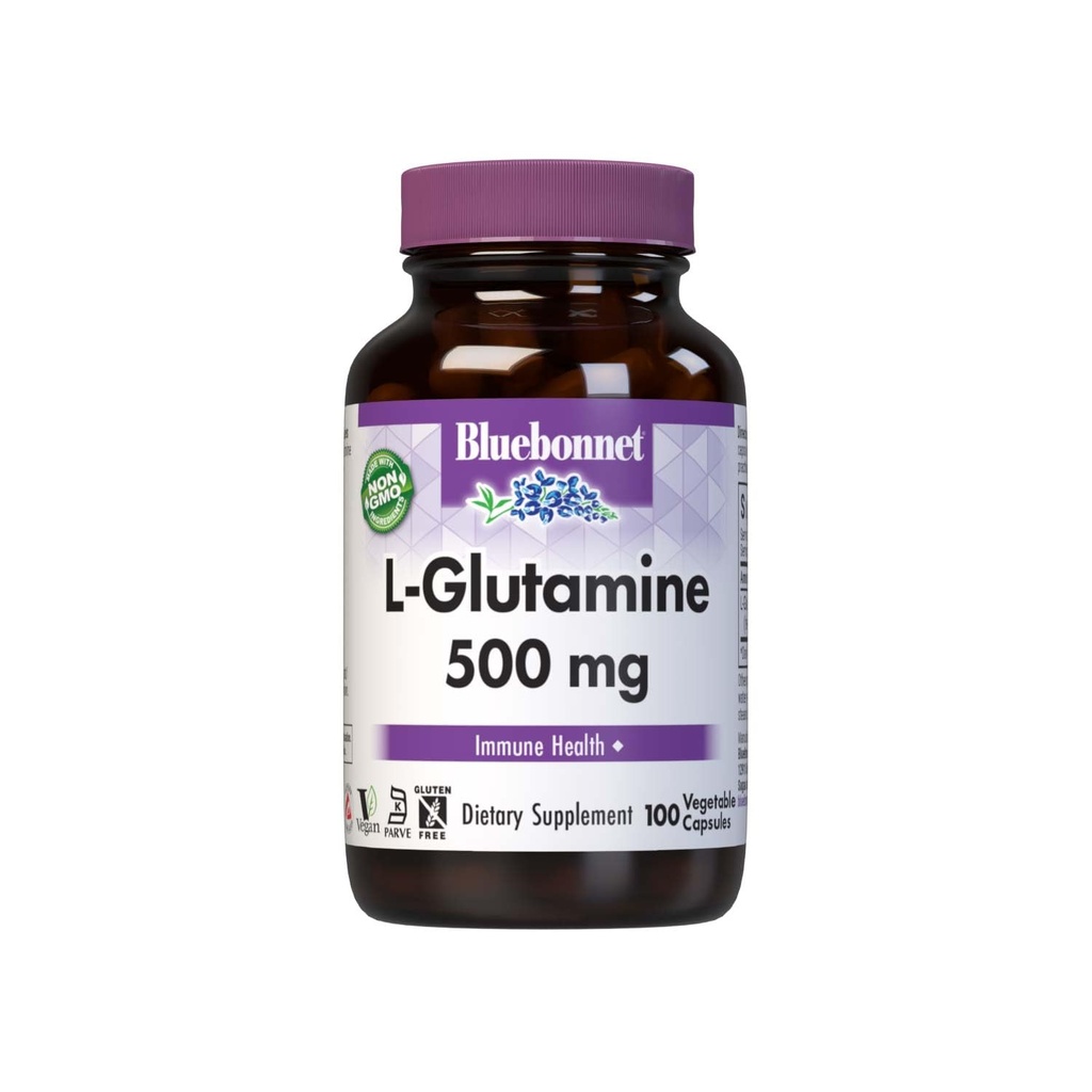Bluebonnet Nutrition L-Glutamine 500mg, Supporta la funzione immunitaria*, Nitrogen Transporter*, Soy-Free, Gluten-Free, Non OGM, Kosher Certified, Vegan, 100 Capsule vegetali, 100 Serve