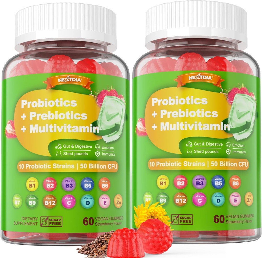 Probiotici vegani Gummies per donne e uomini - Prebiotici fibre Supplementi | 50 miliardi di CFU Probiotici, Inulina, Psyllium Husk & Multivitamin per Gut, Digestione & Salute Immune, 2 Pack