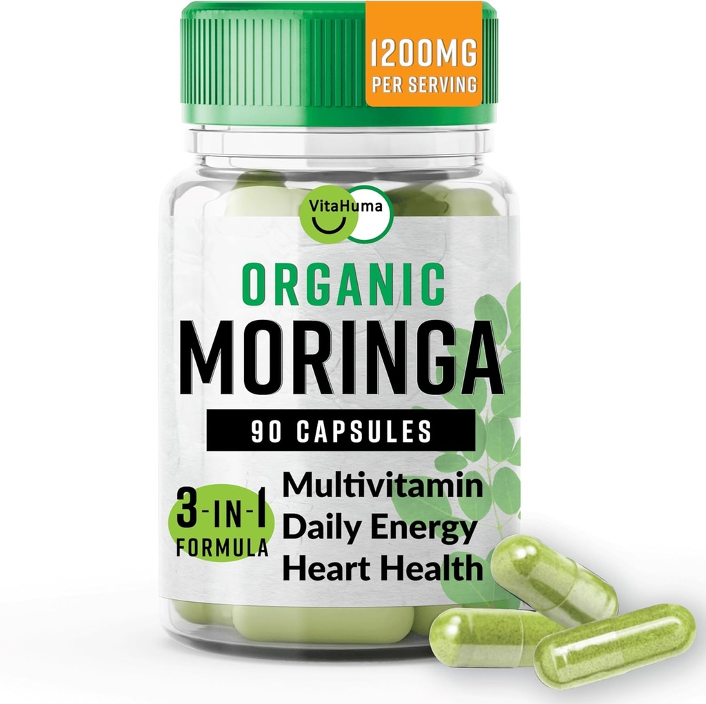 Organic Moringa, Nutriente-Dense Antiossidante Supporto con Vitamina C, A, E, Calcio, Potassio, Ferro, Magnesio, Proteine e Aminoacidi per Idratazione & Energia, Vegan, 1200 MG Per Serving, 90 CT