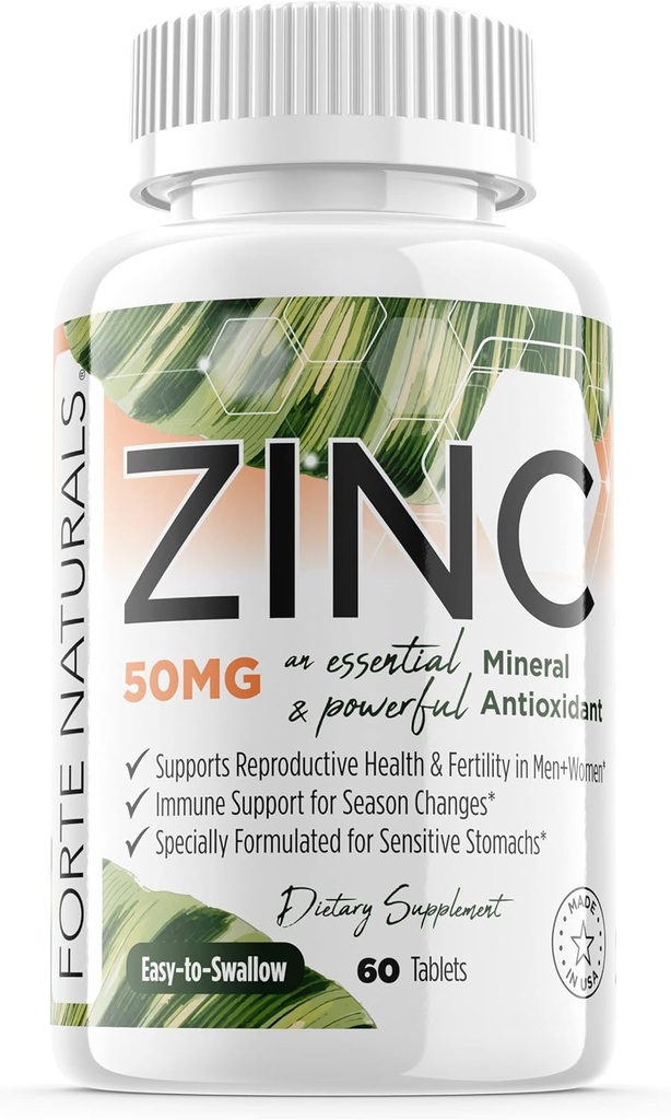 Zinco 50mg, (60 compresse), Specialmente formulato per Stomaco sensibile, Supporto immunitario, Pelle & capelli, Integratore di zinco vegano, Non OGM Made in USA