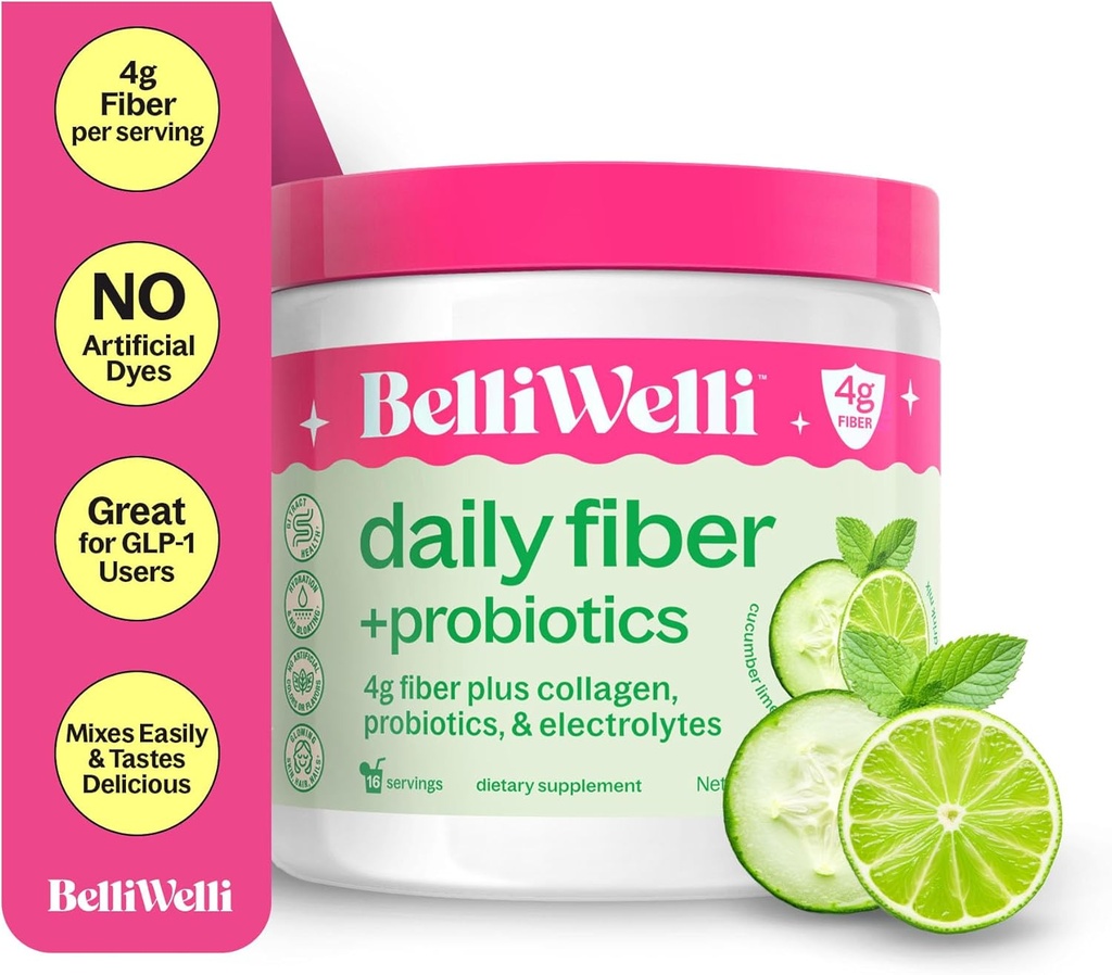 Belli Welli Fiber Supplemento per le donne e gli uomini – Polvere di fibra giornaliera Premium da Acacia organica con collagene aggiunto, elettroliti & probiotici – Nessun Bloat, costipazione & Gut Health Support (Cucumber)