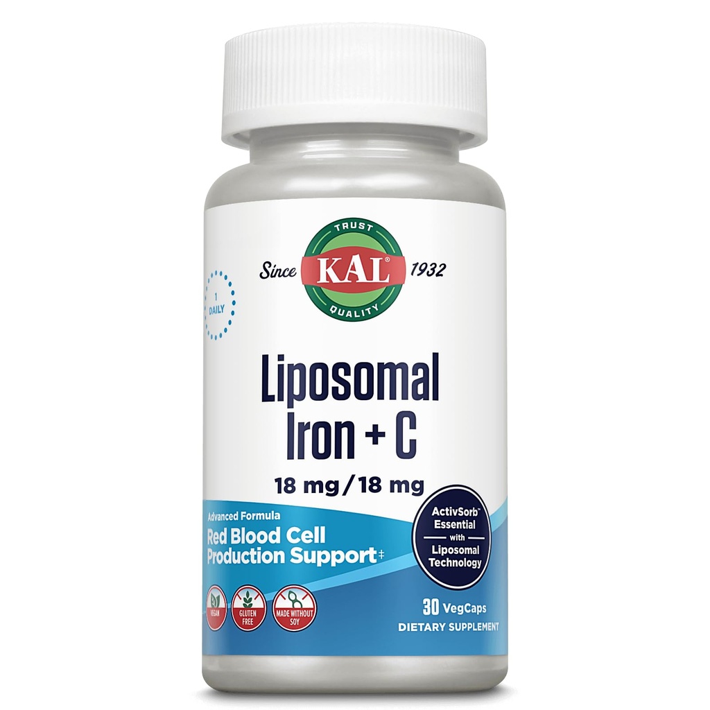 KAL Liposomal Iron Supplemento con vitamina C Liposomal, Supplemento di ferro per le donne e gli uomini, ad alto assorbimento, Pillole di ferro Gentle, Vegan, Gluten Free, 30 Servings, 30 VegCaps