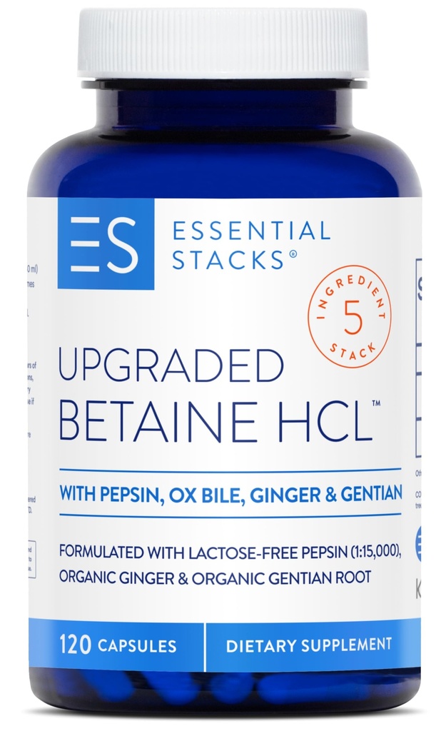 Essential Stacks Betaine HCL con Pepsin, Ox Bile, Organic Gentian & Ginger - Betaine Hydrochloride Supplement w Enzimi digestivi, Bile & Bitters - Gluten, Dairy & Soy Free (120 capsule)