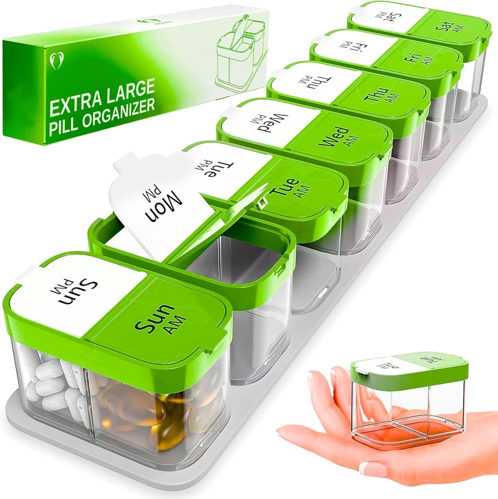 Extra Large Weekly Pill Organizer - XL Vitamin Holder con 7 Confronti STATABILI AM PM - Dispenser portatile per la casa e il viaggio, Big Supplement Container per uso settimanale o giornaliero, Verde