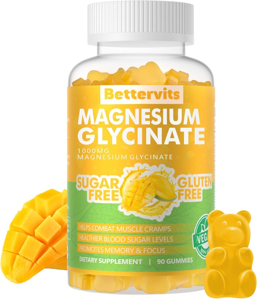 90 CT Magnesio Glycinate Gummies 1000mg - Zucchero Gratuito Magnesio Supplemento di Potassio con Vitamina D, B6, CoQ10 per Calma Mood & Sleep Support - 90 Mango Ananas Gummies