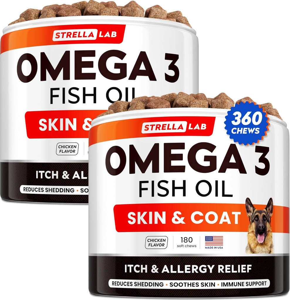 STRELLALAB Omega 3 per cani - (360Ct) Trattamenti di olio di pesce - Allergy & Itch Relief Skin & Coat Supplement - pelle di prurito secca, Anti Shedding & Hot Spots Trattamento - Pet Salmon olio Chews - Pollo Flavor