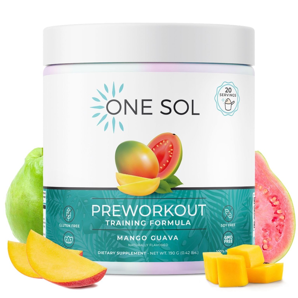 One Sol Pre-Workout per le donne, pompa potenziata & messa a fuoco, nessun Jitters o Crash, ingredienti naturali, 100% Vegan, senza glutine e soia, (Mango Guava)