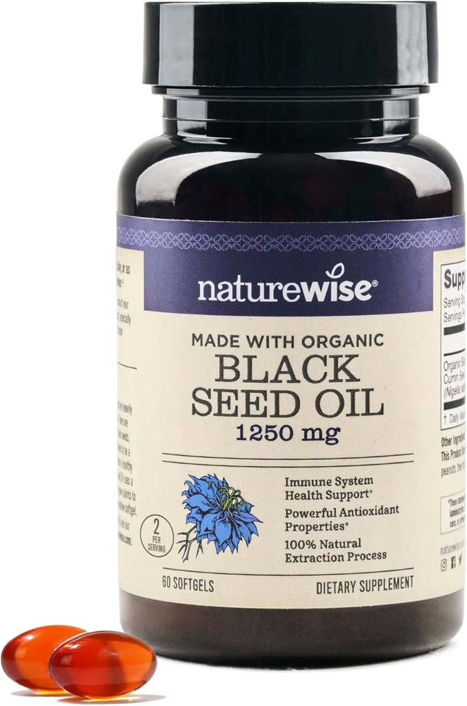 NaturalWise Black Seed Oil Softgels 1250 mg - con 100% Organic Cold Pressed Nigella Sativa - Omega 3 6 9 - Antiossidante Immune Support, Hair & Skin - Non-GMO, Gluten-Free - 60 Softgels[1-Month Supply]