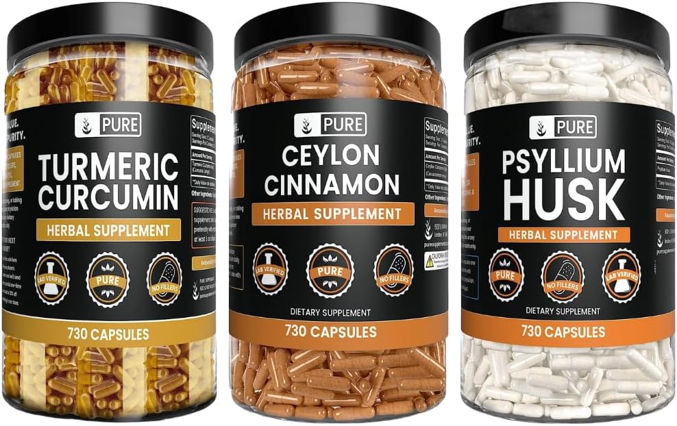 PURE ORIGINAL INGREDIENTI Ceylon Cinnamon, Psyllium Husk, e Bundle della capsula erborea (730 capsule ciascuna), nessun filler di magnesio o di riso