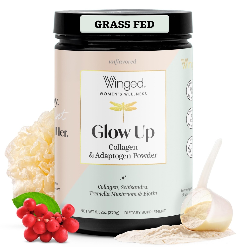 Winged Wellness Glow Up, Polvere di collagene per le donne - Hair, Skin & Nails Beauty Supplement con Grass-Fed Hydrolyzed Collagen Peptides Adaptogens, Vitamina C & Biotin - 25 Serve, Unflavored