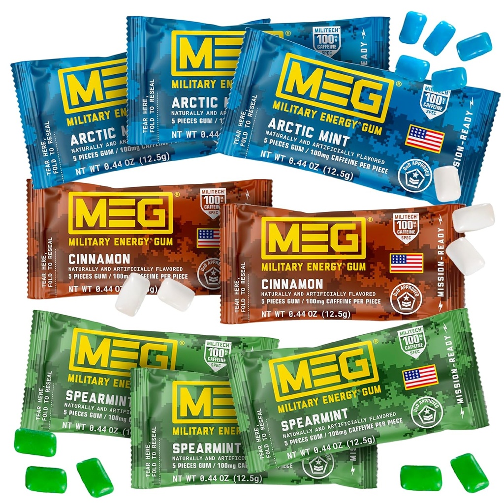 MEG - Energy Gum militare | 100mg di caffeina per pezzo + Aumentare l'energia + aumentare le prestazioni fisiche + Multi aromi di menta artica, menta, & Cinnamon + 8 pacchetti (40 conteggio)