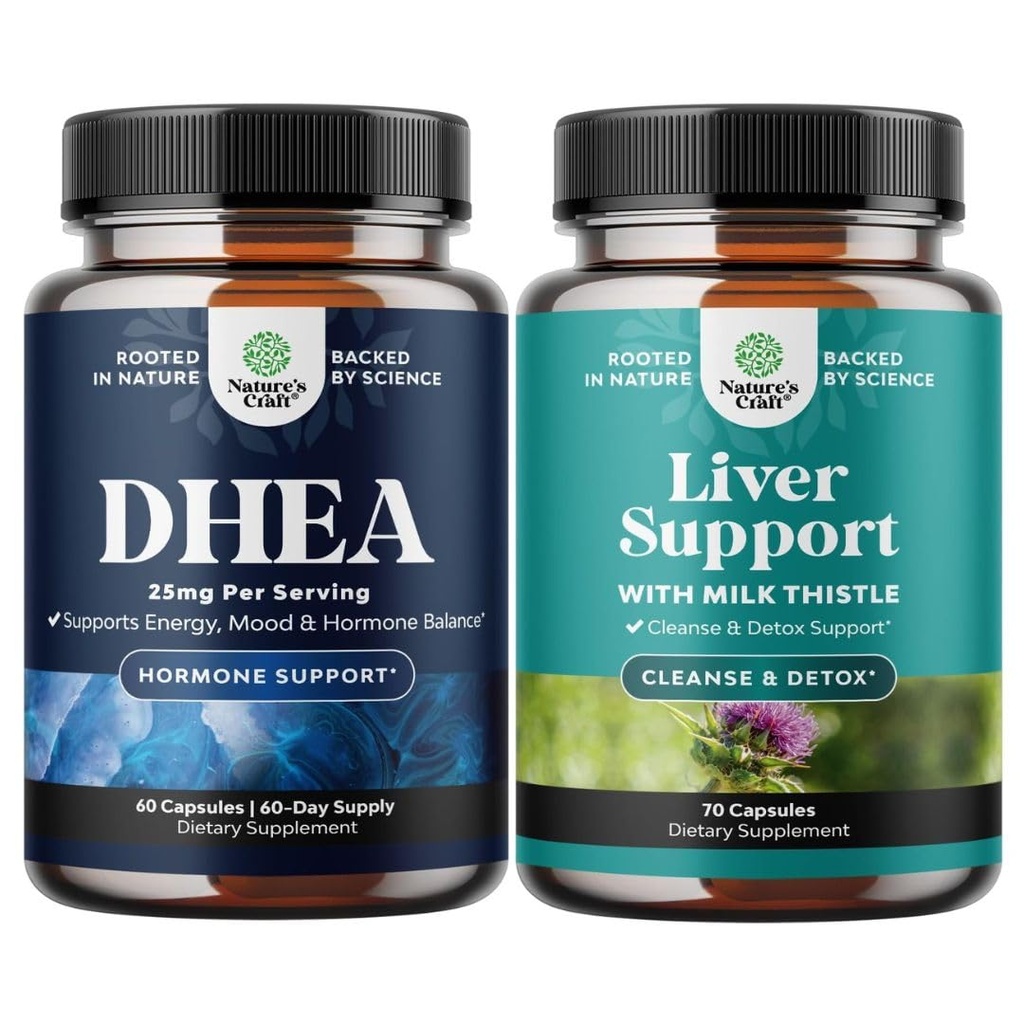 Bundle di DHEA Supplemento per le donne e gli uomini - DHEA puro 25mg per l'equilibrio dell'ormone - Dehydroepiandrosterone e fegato Cleanse Detox & Repair - Integratore di cardo al latte per la digestione e la salute immunitaria
