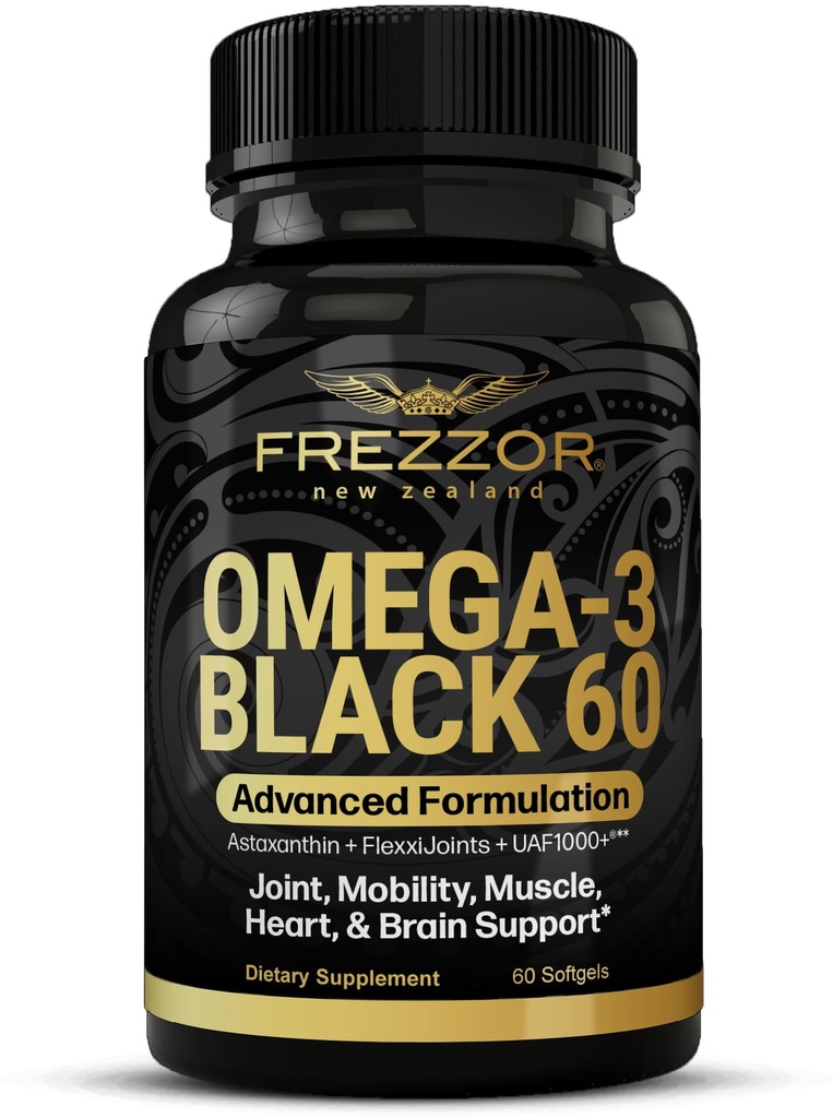FREZZOR Omega 3 Nero per Joint Care & Comfort - Nuova Zelanda Green Lipped Mussel olio capsule; 53x Alta potenza con UAF1000+ Super Antiossidante, No Fishy Aftertaste, 1-Pack, 60 Softgels