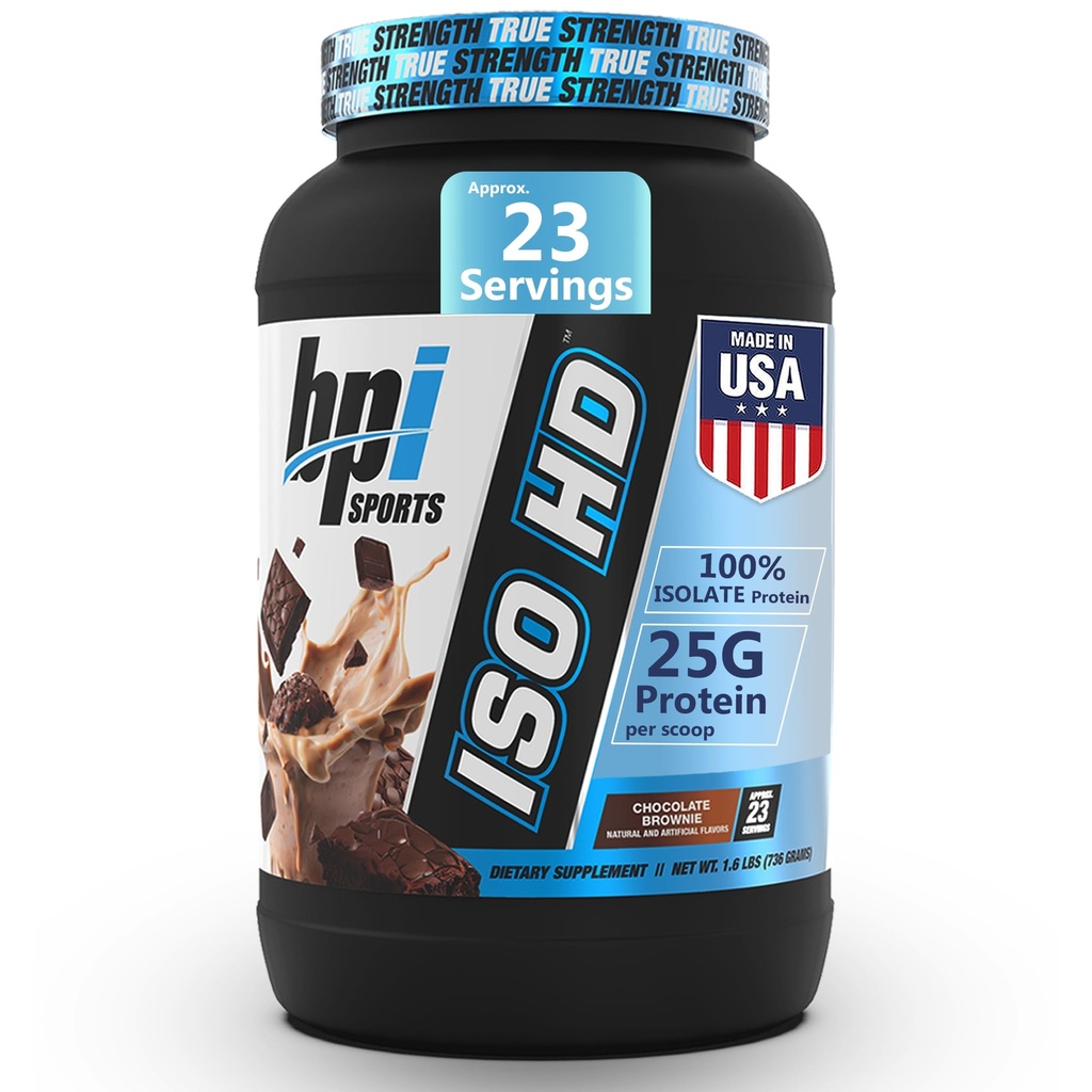 BPI Sports ISO HD Isolate Protein Powder – 100% Whey Isolate, Protein Powder for Muscle Gain - Chocolate Brownie - 1.6 Lb - 23 Serve