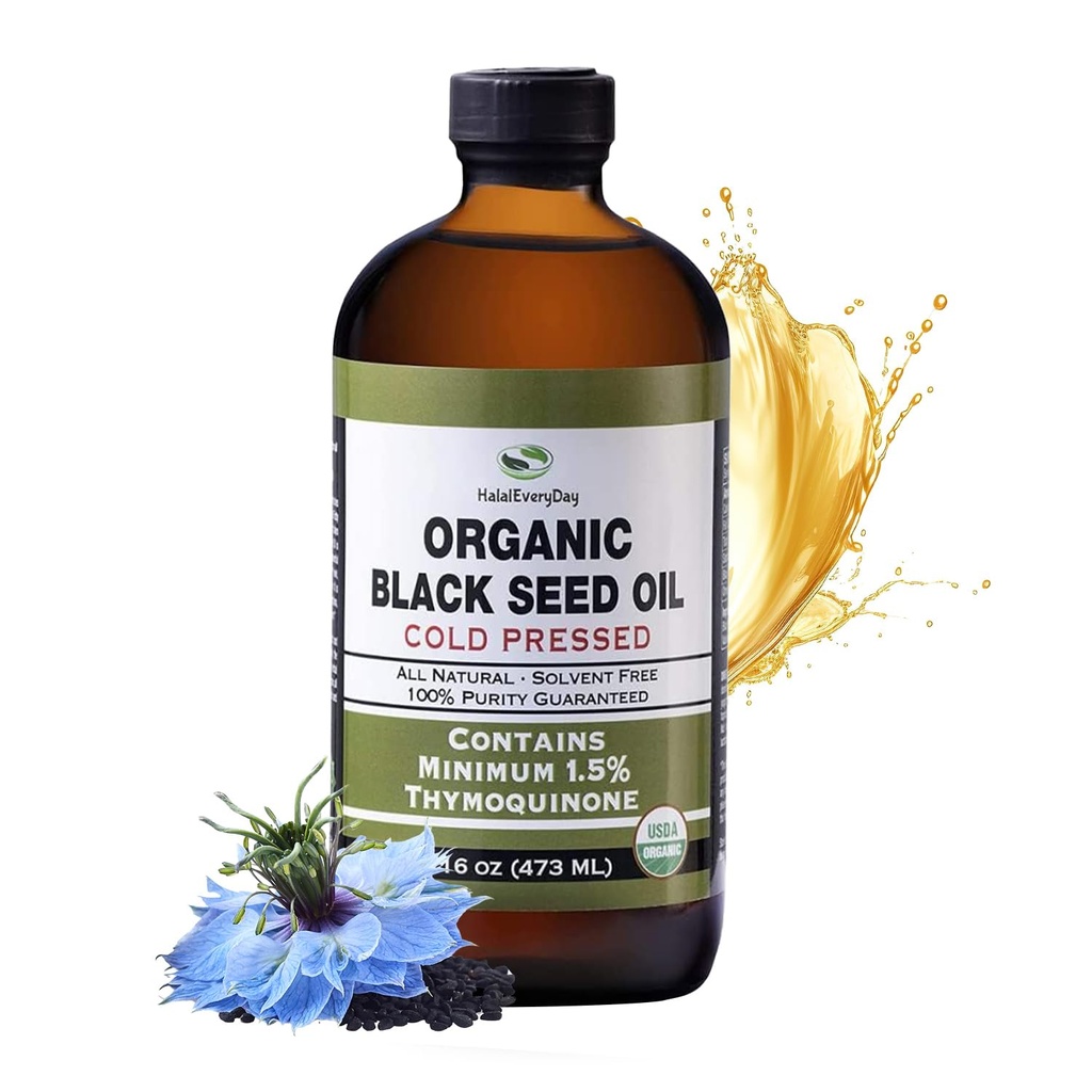 HalalEveryDay Organic Black Seed Oil - Certificato USDA, Bottiglia di vetro stampata a freddo 16oz - Oltre l'1,5% Thymoquinone Turco Cumin Nero Nigella Sativa Non OGM 100% Pure Blackseed Oil