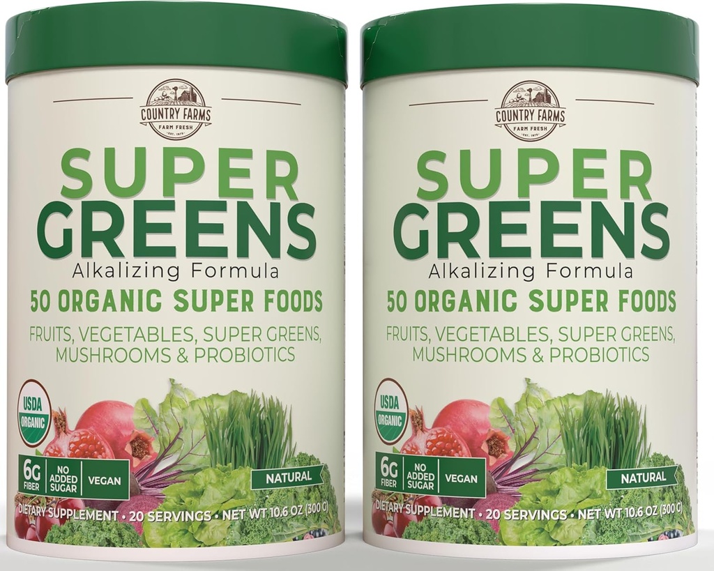 Country Farms Super Greens Natural Flavor, 50 Organic Super Foods, USDA Organic Drink Mix, Frutta, Verdura, Super Greens, Funghi e Probiotici, Supporti Energia, 40 Serve, 10.6 Oz, 2 Pack