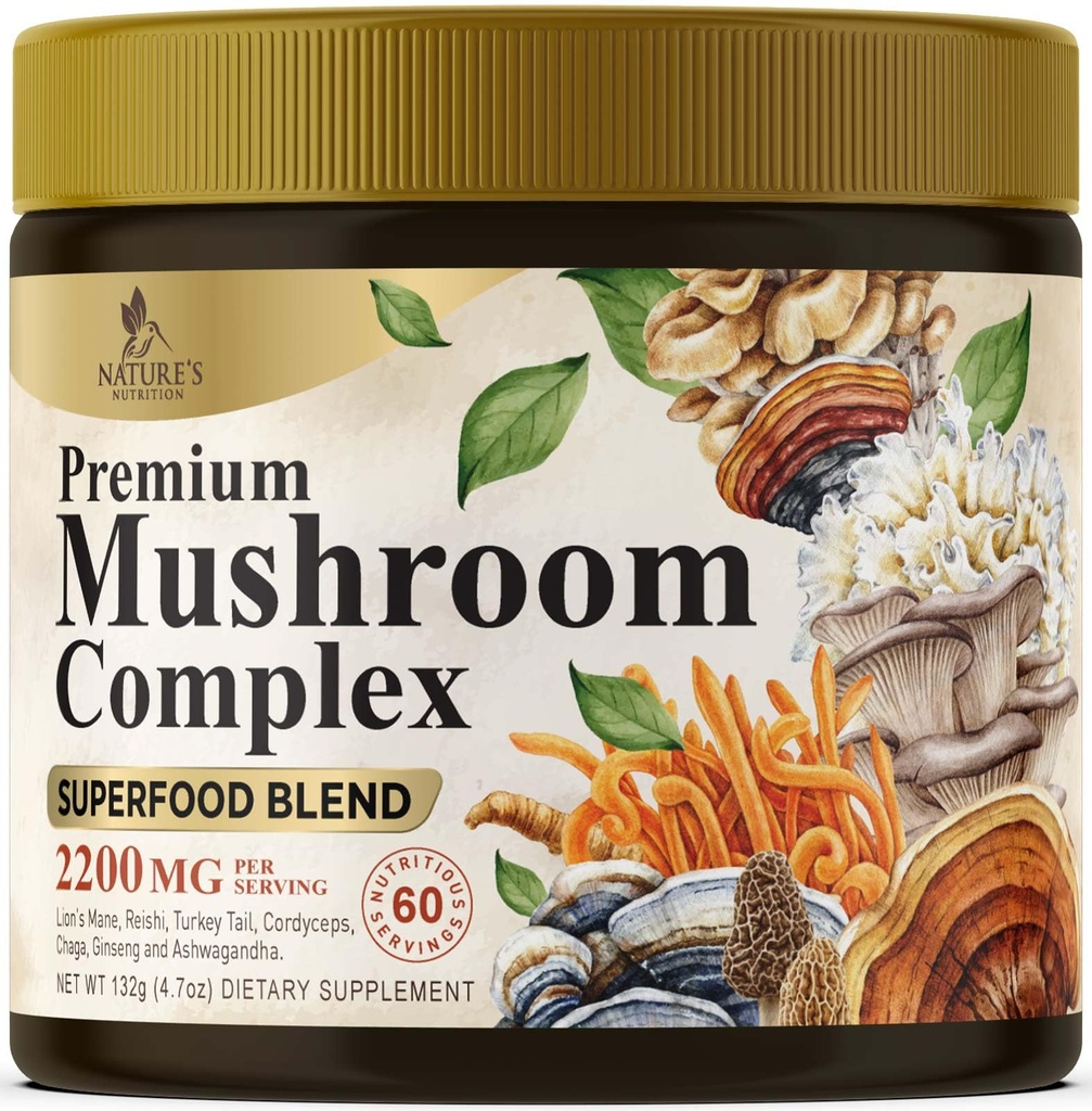 Mushroom Powder Supplement - 11-in-1 Blend - Organic Lions Mane, Reishi, Cordyceps, Chaga, Turkey Tail Mushroom Extract Powder - Brain & Immune Support Mushrooms Powder - Bottled in USA - 60 Servings