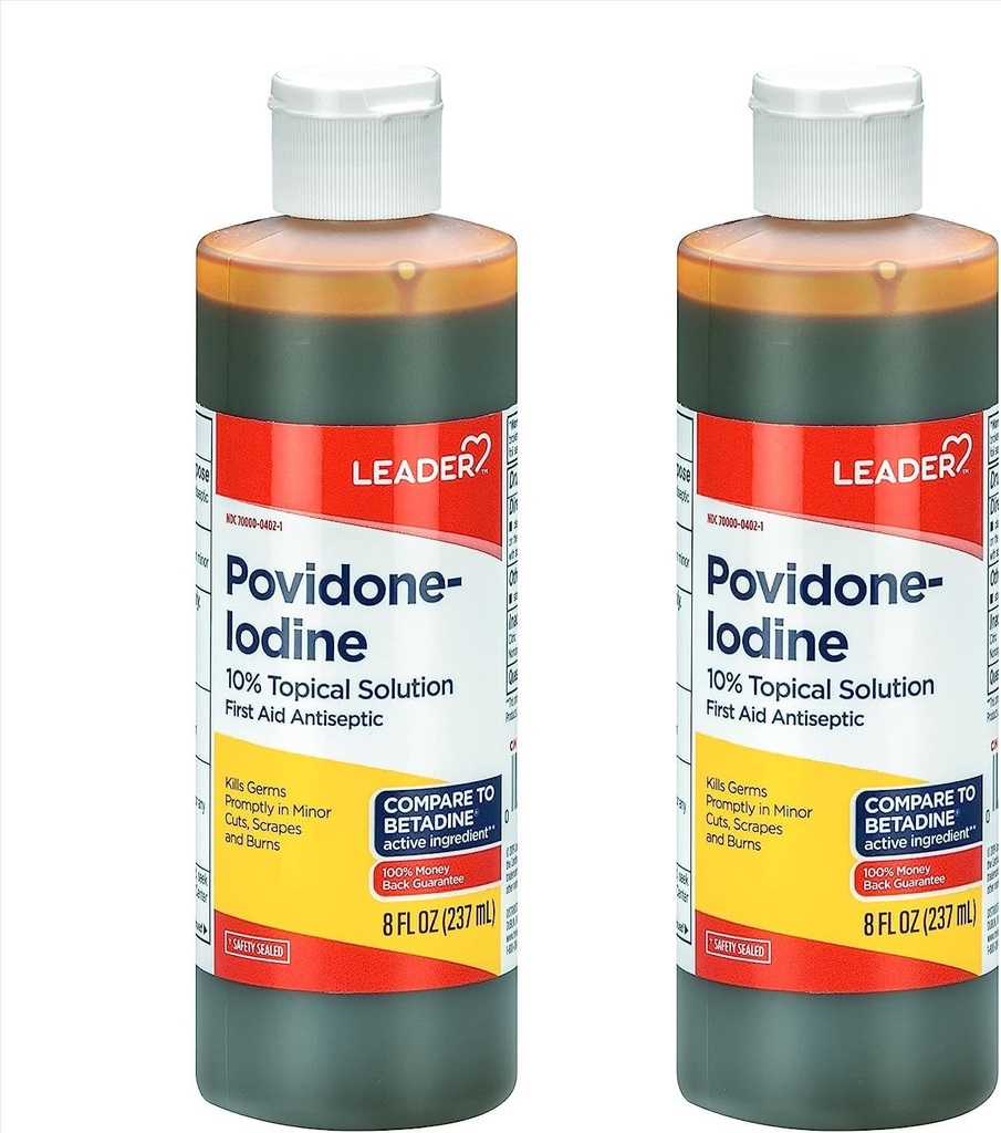 Leader Povidone Iodio 10% Soluzione Prep USP, Detergente antisettico antisettico, Lavaggio in Wound, Sapone Antisettico (8 Fl Oz, Confezione di 2)