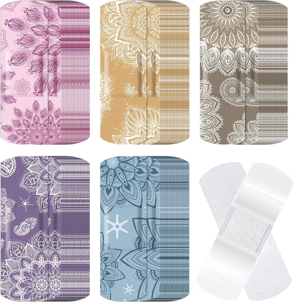 120 Pcs tessuto adesivo elastico Bandages Bulk assortiti forme e modelli Piccolo colorato grazioso tessuto Bandages con non bastone Pad 3 x 1 pollice per tagli Wound Scrapes donne(Mandala)