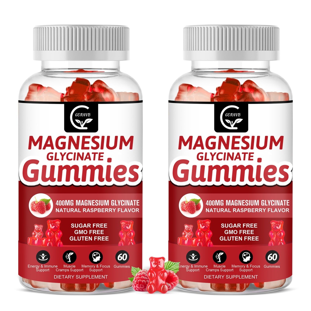Magnesio Glycinate Gummies 400mg, Mg Potassium Supplemento con Chelated Magnesium Malate Complex, Vitamina D, B6, e CoQ10, Supporti per Memoria, Calma, Mood & Sleep - 60 Conteggio (Pacchetto di 2)