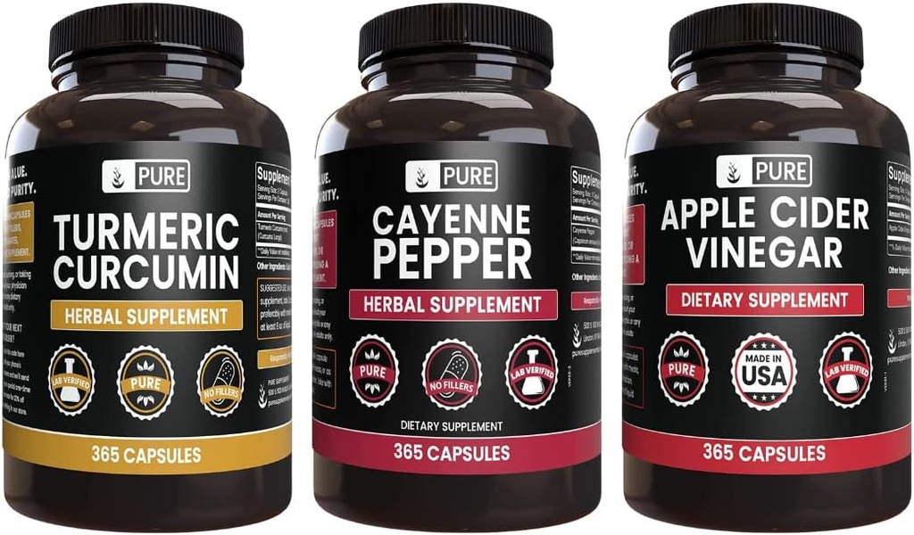 PURE ORIGINAL INGREDIENTI Pepe di Cayenne, curcumina di curcuma, sedano di aceto di mele (365 capsule)