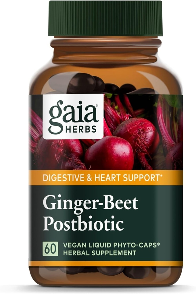 Gaia Herbs Ginger-Beet Postbiotic - Supplemento per Gut & Heart Health Support - Realizzato con Beet e Ginger Fermented Organic - Libero da Latticini, Soia & Gluten - 60 Capsule Vegan (30 Serve)
