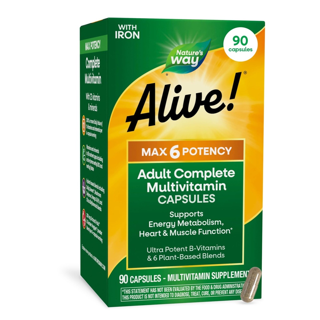 La Via della Natura Viva! Max6 Potency Adult Multivitamina Completa, con Ferro, Vitamine A, C, E & B-Vitamins Comprese B12 & Folate metilato, Supporta Metabolismo Energetico*, 90 Capsule (Vario di Carico)
