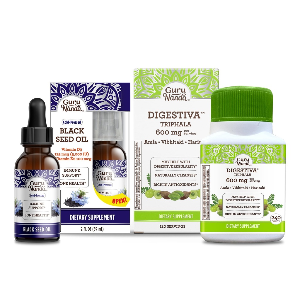 GuruNanda Olio di semi neri, Nigella Sativa a freddo - Ricco di vitamina D3 5000 Units & Digestiva Triphala (240 Compresse), Supporta la digestione, Aiuta con Bloating