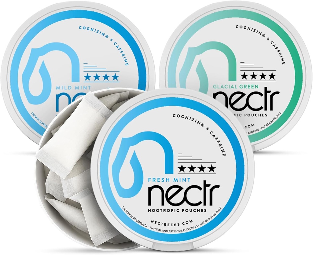 Nectr Energy Nootropic Pouches Mint Mix - Caffeine Pouches con Cognizin Citicolina. 3 Sapori: Menta dolce e fresca, e Verde glaciale. Senza zucchero, nicotina Free Calm Focus & Energy Supplement