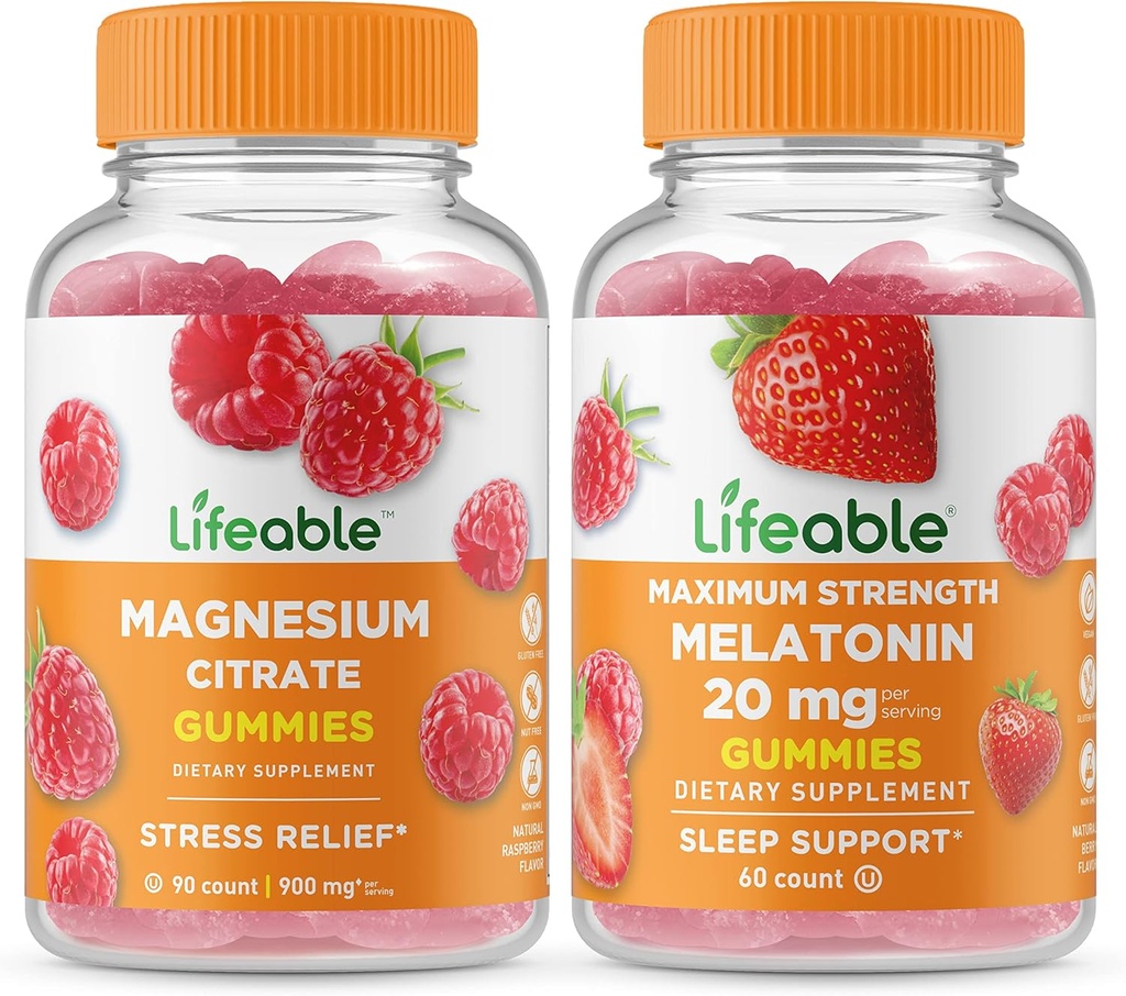 Magnesio vitale + Melatonina 20mg, Gummies Bundle - Grande degustazione, Supplemento alla vitamina, Senza glutine, OGM libero, pancia masticabile
