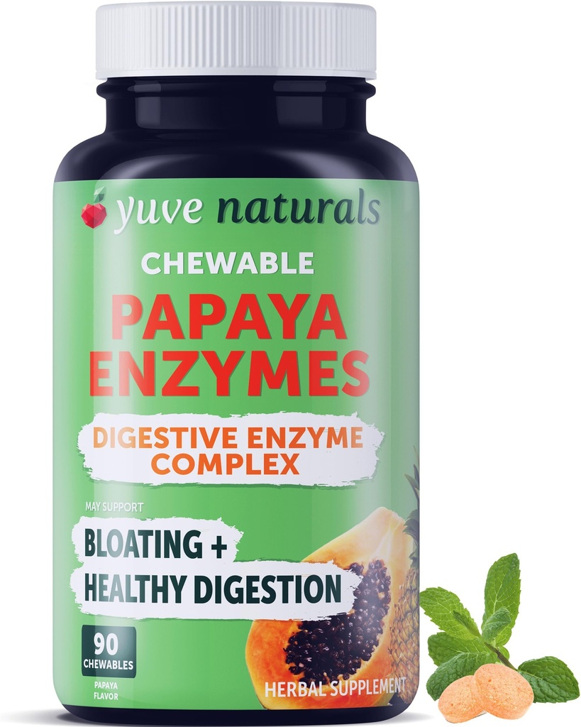 Yuve Natural Papaya Digestive Enzymes - caramelle masticabili senza zucchero - promuove una migliore digestione - costipazione & Bloating Aid, Detox, Leaky Gut Repair & Gas Relief - Vegan, Non-GMO, Gluten-Free - 90ct