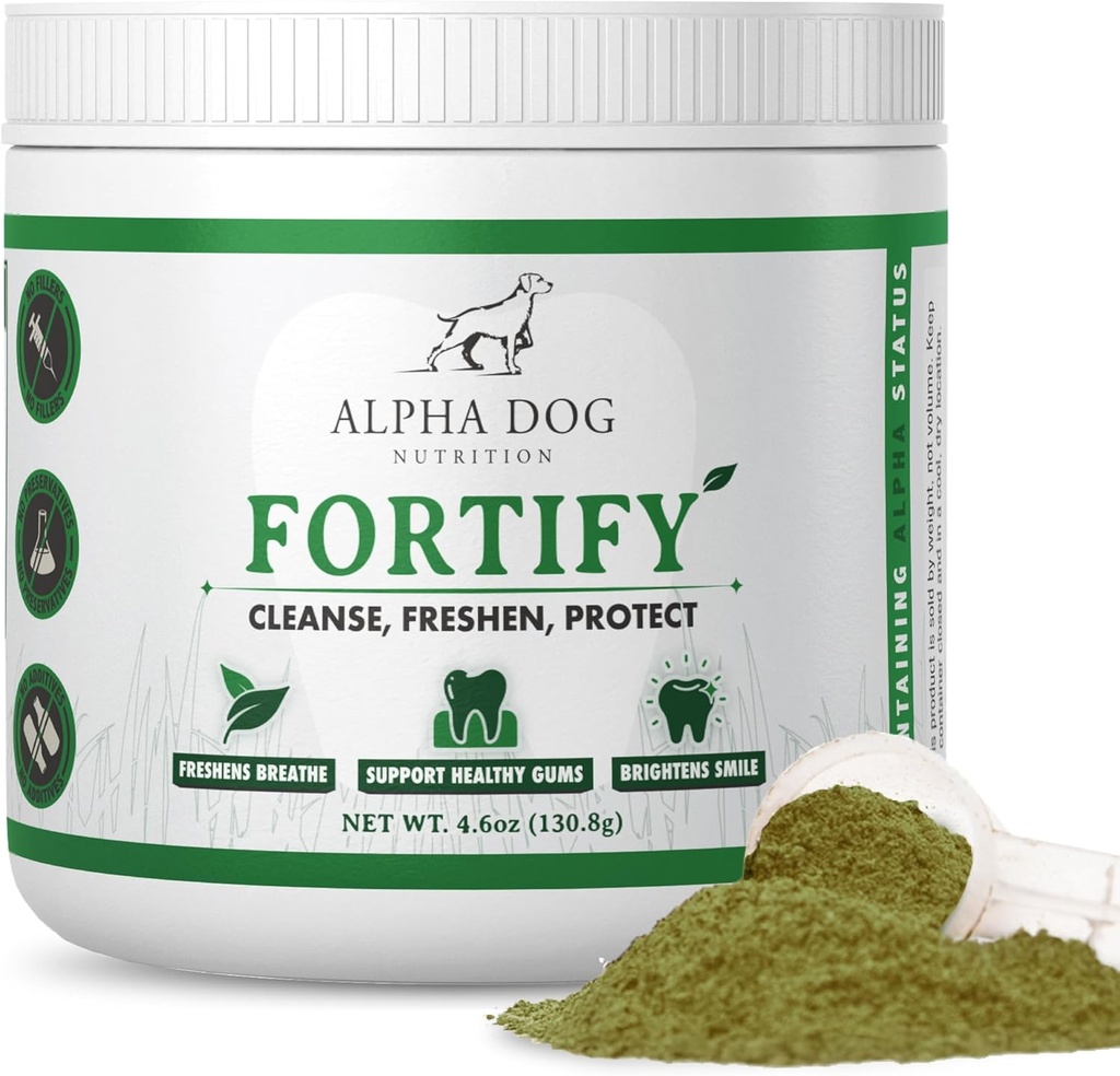 Polvere di pulizia dei denti del cane - Fortify polvere dentale per cani - Remover placca e rinfresca il cattivo respiro con i supplementi verdi freschi - Contiene Kelp, Probiotics e altri ingredienti di pulizia dei denti