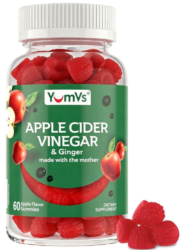 Gummies del sidro di mele di YUM-V – Gummies ACV con Ginger & La madre – Supporta il metabolismo, la vitalità e il benessere quotidiano – Natural Apple Flavor Vegan, Non-GMO, Gluten-Free, Cider Gummy – 60 Count