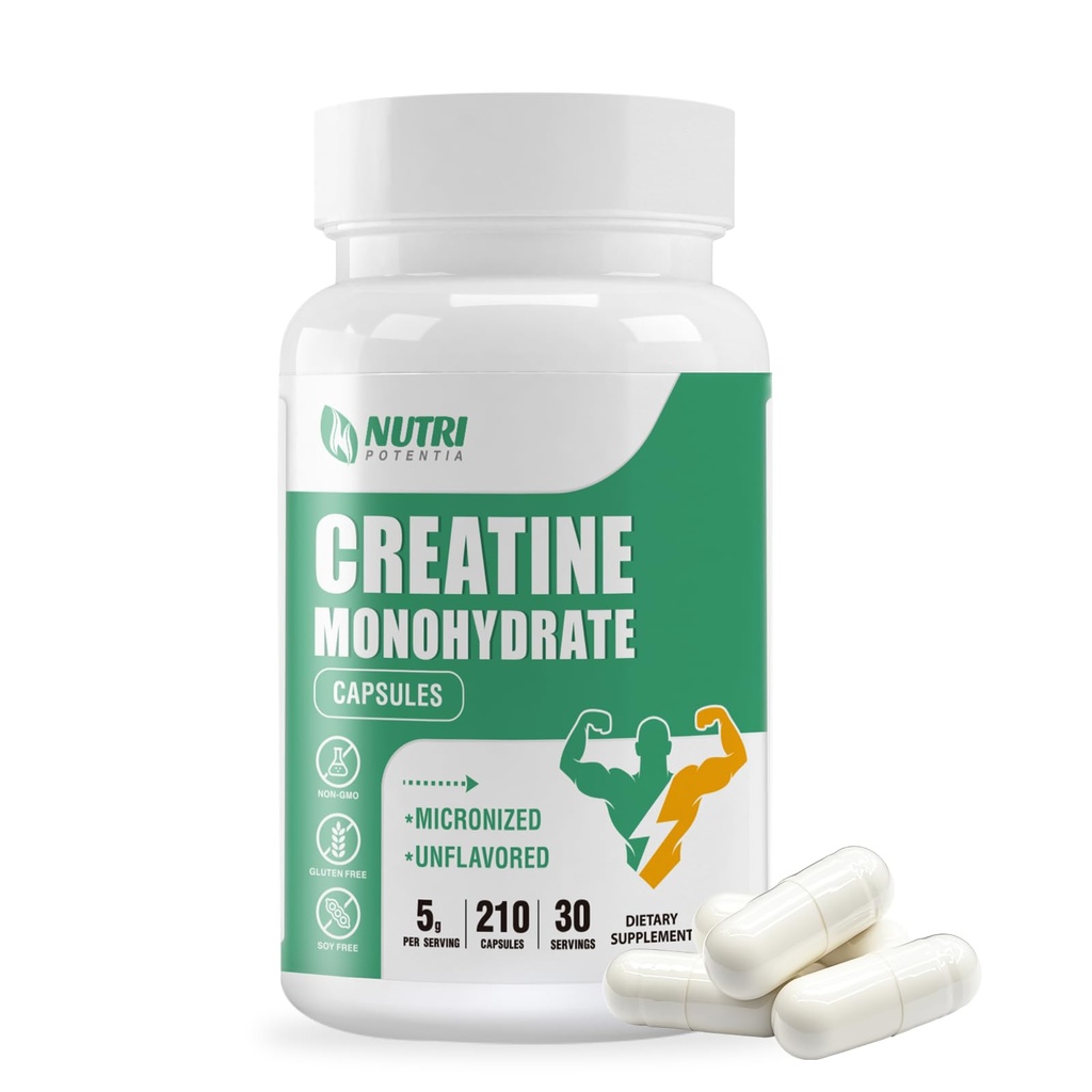 Creatina Monoidrato capsule, Pure Creatine Pills Micronized per una maggiore crescita del lavoro e del muscolo, facile assorbimento, non OGM, non aromaed - 210 capsule