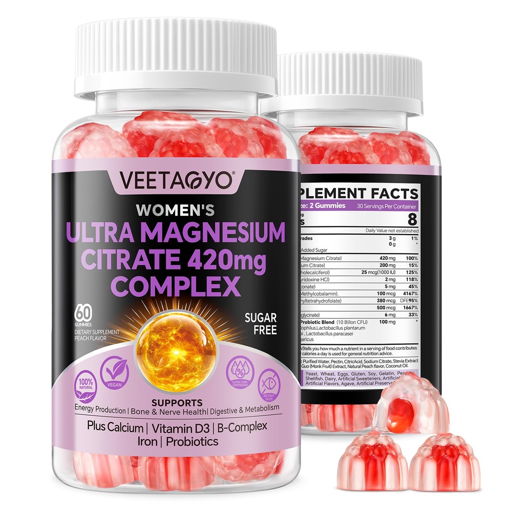 Magnesio Citrato Gummies 420mg per Adulto - Dual Layer - w/10 Billion CFU - 5 Strains Probiotics & Calcium, D3, Biotina, Ferro, B6, B12, Folate, Supporto per Bone, Nerve, Rilassamento, Muscolo - Vegan 60Cts