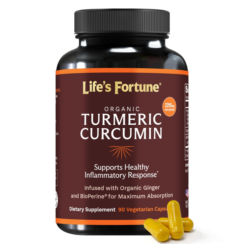 Curcumina erboristica biologica della vita con pepe nero e zenzero, assorbimento potenziato, supplemento di resistenza extra, supporto misto e immunitario, non OGM, 90 Cap - 2250mg
