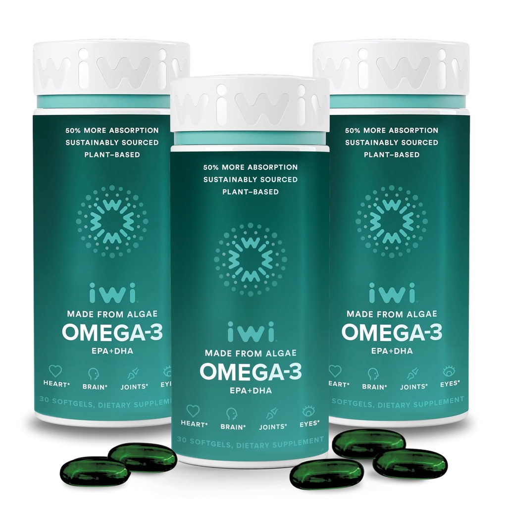 Iwi Omega-3, 90 Softgels (90 Serve), Vegan Plant-Based Algae Omega 3 con EPA + DHA, Integratore alimentare completo, Krill & Fish Oil Alternative, No Fishy Aftertaste